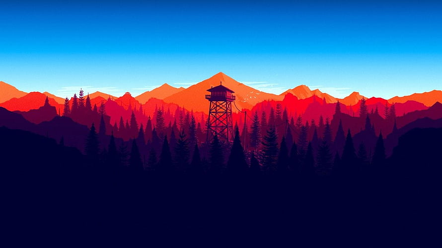 Stylized Fire Watchtower Silhouette Against Vibrant Sunset Mountain Range HD wallpaper