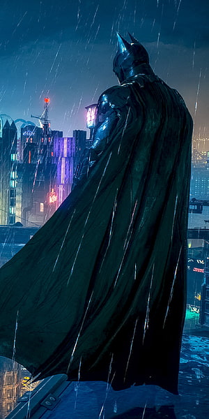 Batman Arkham Knight Standing on Rooftop in Rain Over Gotham City at Night, Batman, Batman Arkham, Batman Arkham knight HD phone wallpaper