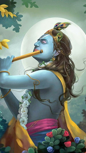 Krishna Playing Flute Under Full Moon with Peacock Crown and Floral Garland HD phone wallpaper