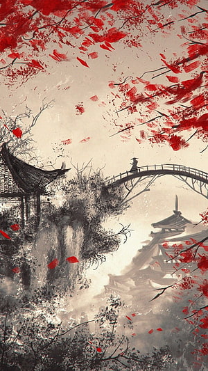 Traditional Japanese Ink Wash Painting of a Misty Village with Red Blossoms HD phone wallpaper