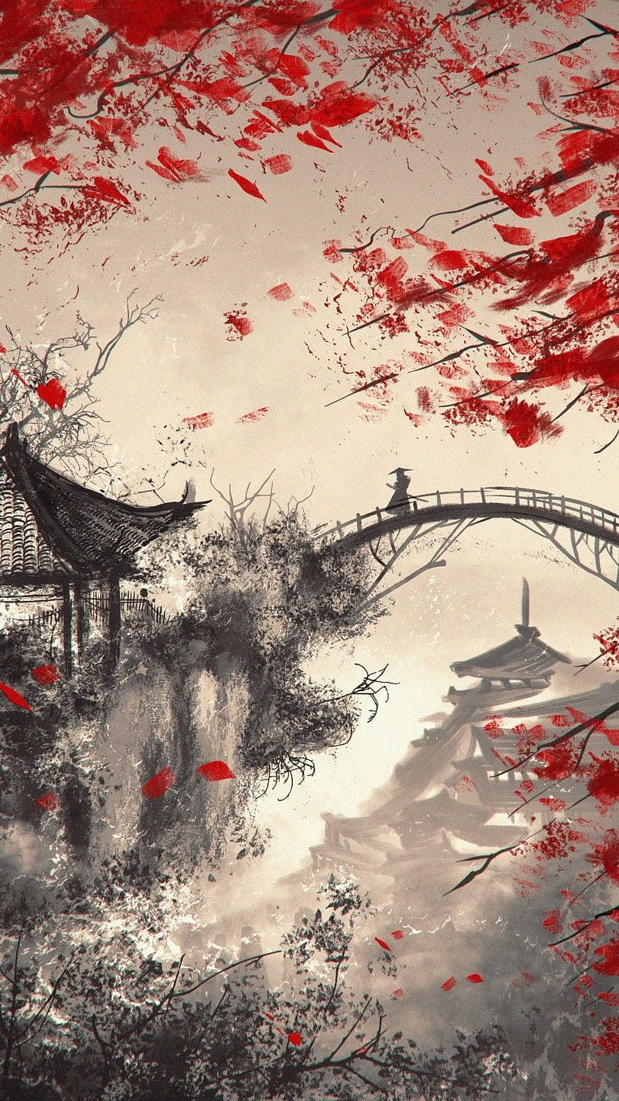 Traditional Japanese Ink Wash Painting of a Misty Village with Red Blossoms HD phone wallpaper