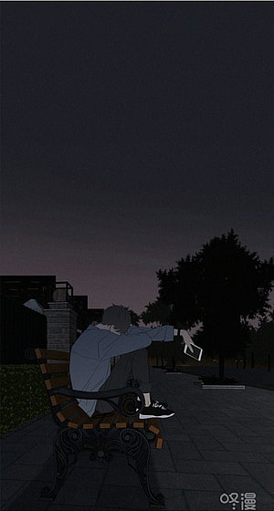 Melancholic Anime Boy Sitting on Park Bench at Dusk with Phone HD phone wallpaper
