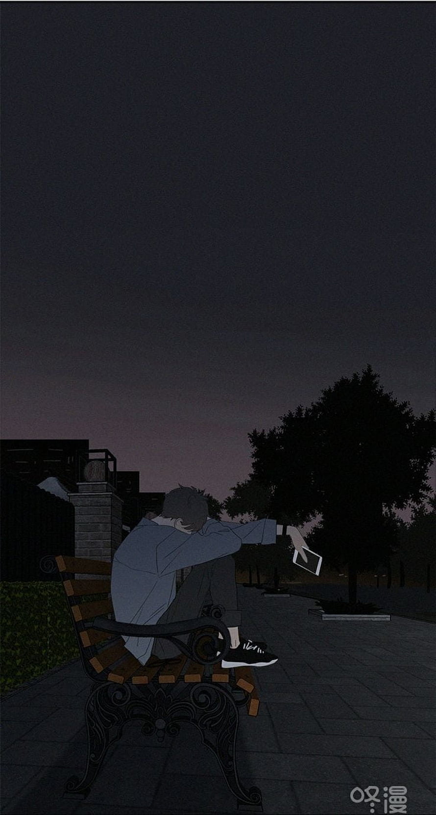 Melancholic Anime Boy Sitting on Park Bench at Dusk with Phone HD phone wallpaper