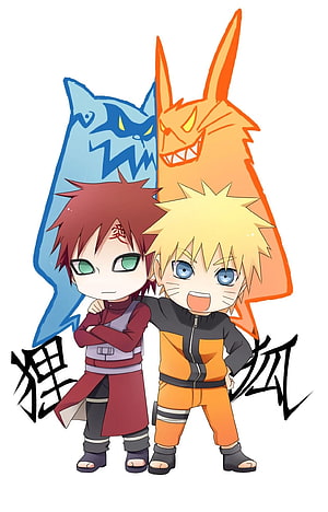 Chibi Naruto and Gaara with Nine-Tails and One-Tails Fox Spirits HD phone wallpaper