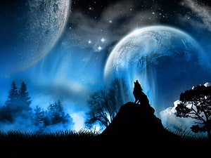 Silhouette of a howling wolf on a rocky outcrop beneath a massive glowing blue moon and starry night sky HD wallpaper