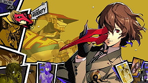 Goro Akechi in Persona 5 Royal Anime Style with Red Mask and Tarot Cards HD wallpaper
