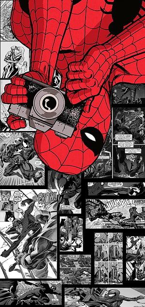 Spider-Man Holding Camera Over Black and White Comic Panels, Spider Man Comic Background, Black and White Comic HD phone wallpaper