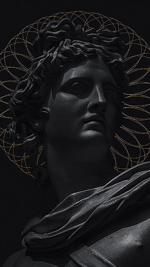 Dark Classical Sculpture Portrait with Golden Geometric Halo Pattern HD phone wallpaper