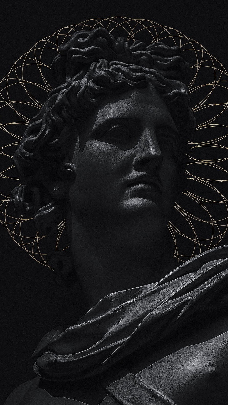 Dark Classical Sculpture Portrait with Golden Geometric Halo Pattern HD phone wallpaper