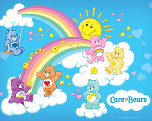 Care Bears Cartoon Characters Playing On Clouds With Rainbow And Sun HD wallpaper
