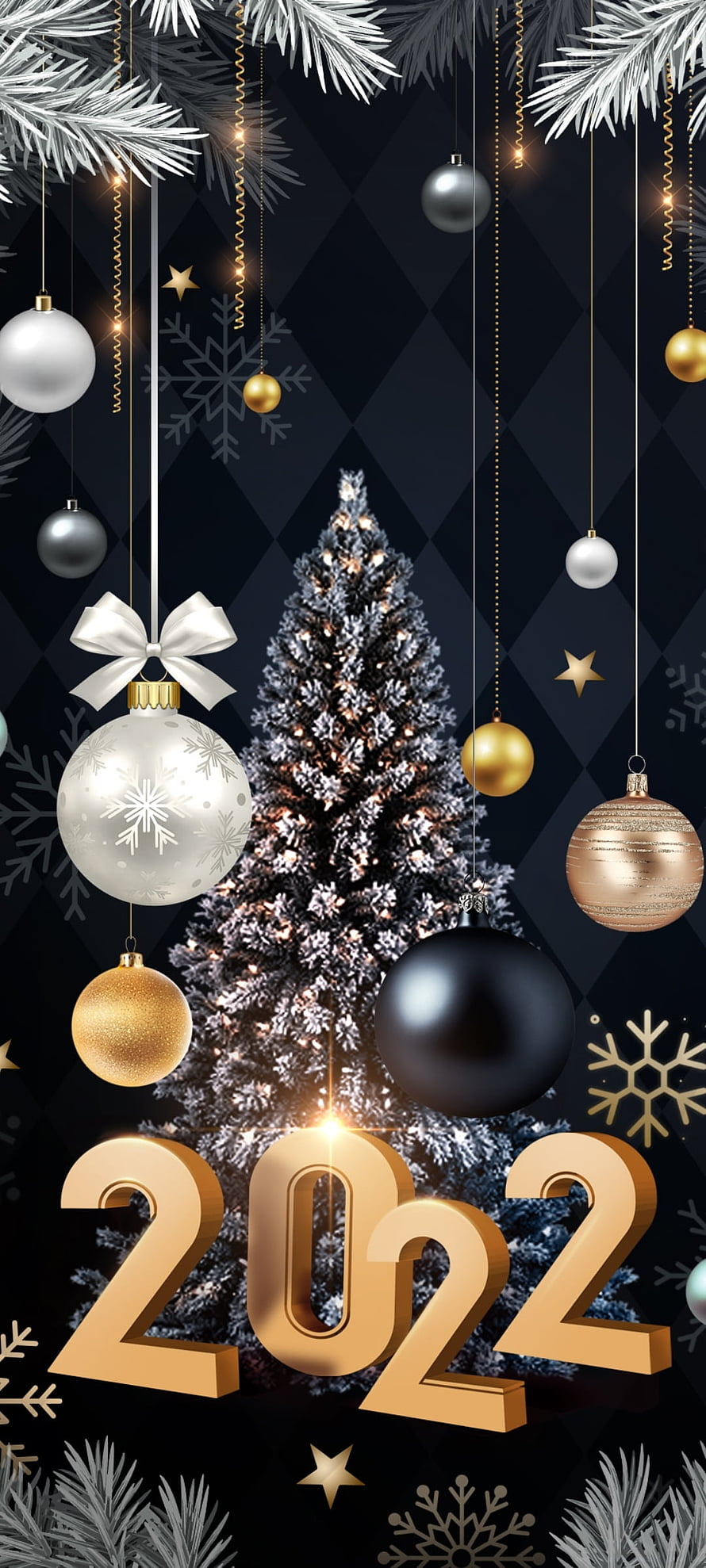 Elegant 2022 Christmas Tree with Gold Ornaments and Snowflakes on Dark Background HD phone wallpaper