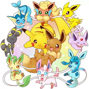 Cute Eeveelutions and Pikachu Group Illustration with Vaporeon, Jolteon, Flareon, Espeon, Umbreon, Leafeon, Glaceon, and Sylveon HD phone wallpaper