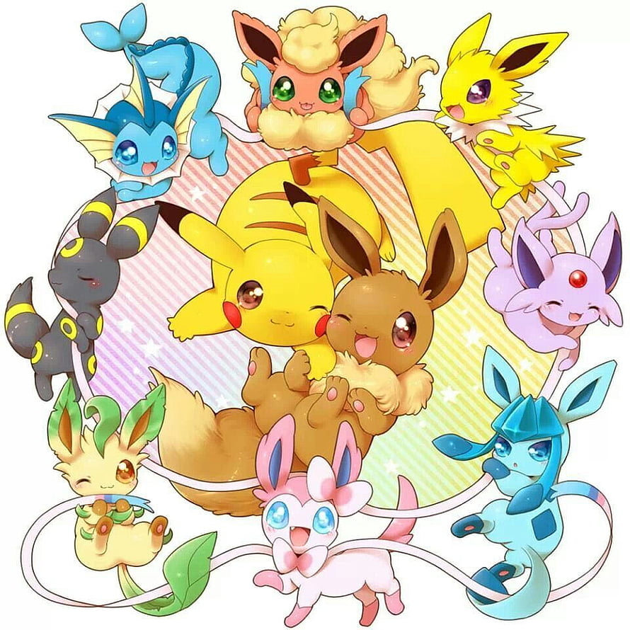 Cute Eeveelutions and Pikachu Group Illustration with Vaporeon, Jolteon, Flareon, Espeon, Umbreon, Leafeon, Glaceon, and Sylveon HD phone wallpaper