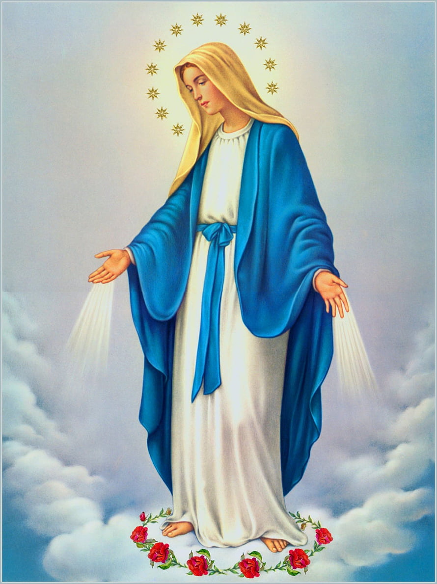 Virgin of the Miraculous in Blue Mantle with Crown of Stars and Rose Garland HD phone wallpaper