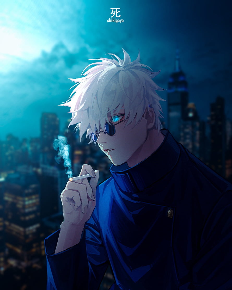 Gojo Satoru Smoking Cigarette in Dark Cityscape Anime Illustration HD phone wallpaper