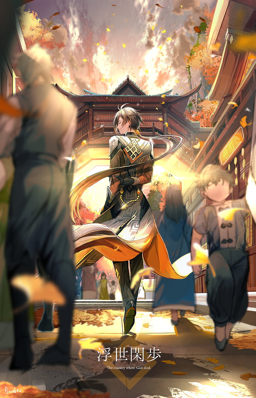 Zhongli Walking Through Autumn Streets in Genshin Impact Artwork HD phone wallpaper