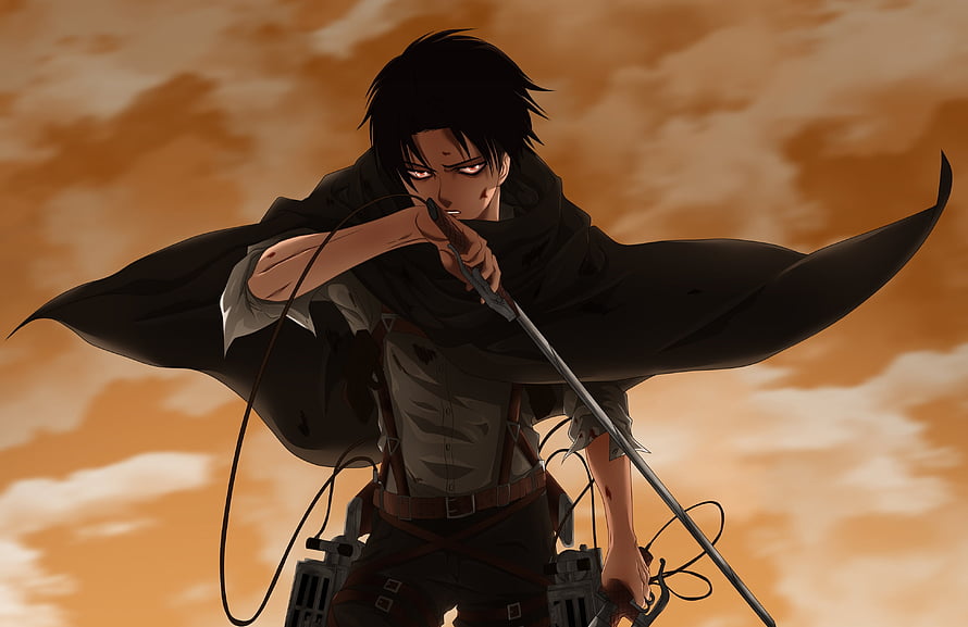 Levi Ackerman in Survey Corps uniform wielding a blade against a dramatic orange sky HD wallpaper