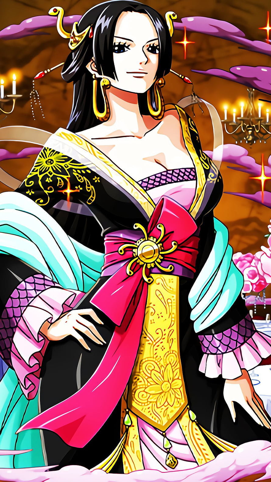 Boa Hancock in Ornate Kimono with Gold Jewelry and Pink Ribbon HD phone wallpaper