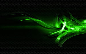 Dark Green Abstract Digital Art with Glowing Neon Light Streaks and Hexagonal Pattern HD wallpaper