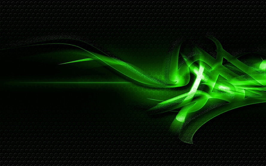 Dark Green Abstract Digital Art with Glowing Neon Light Streaks and Hexagonal Pattern HD wallpaper
