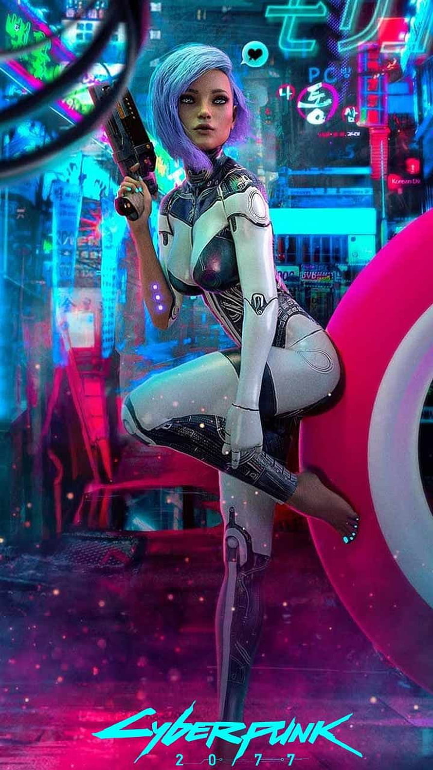 Cyberpunk 2077 Female Character in Futuristic Suit Holding Weapon in Neon Night City HD phone wallpaper