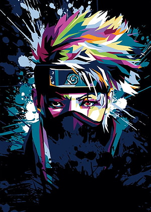 Hatake Kakashi from Naruto in vibrant geometric low-poly anime portrait with colorful spiky hair and headband HD phone wallpaper