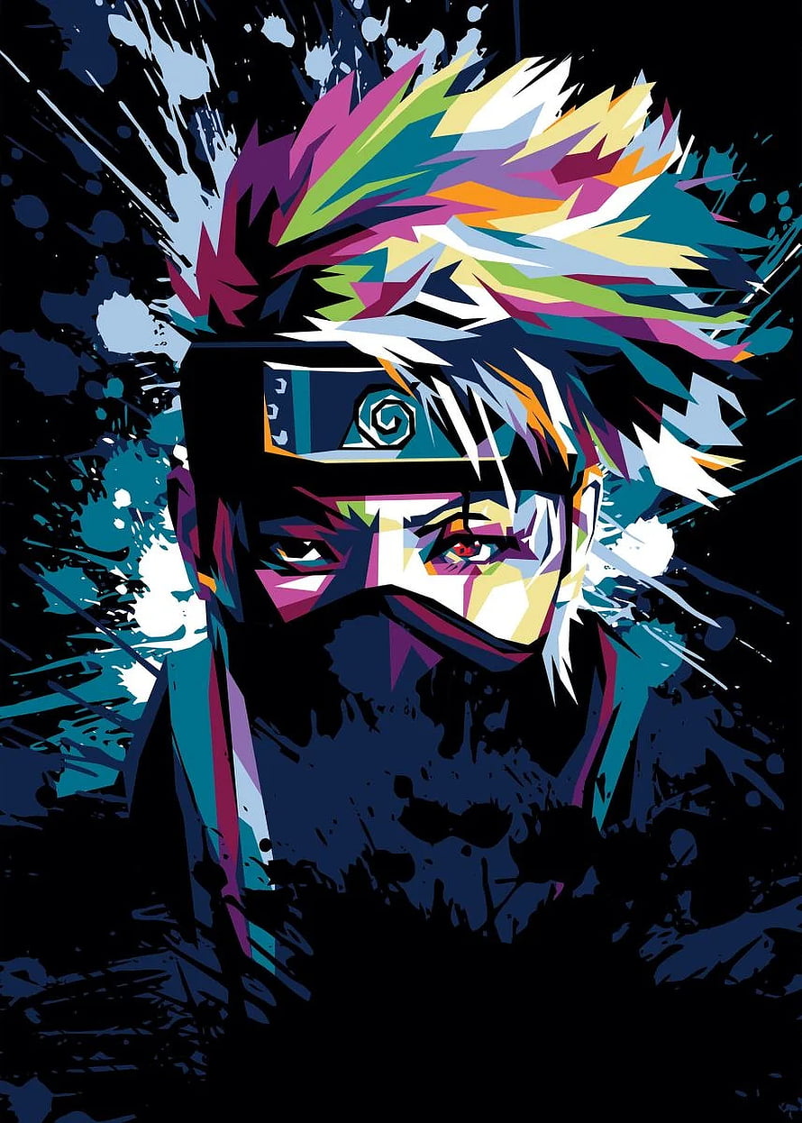 Hatake Kakashi from Naruto in vibrant geometric low-poly anime portrait with colorful spiky hair and headband HD phone wallpaper
