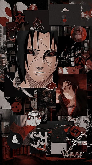 Itachi Uchiha Akatsuki Aesthetic Collage with Sharingan and Uchiha Crest HD phone wallpaper