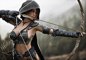 Female Archer in Fantasy Leather Armor Drawing a Longbow HD wallpaper