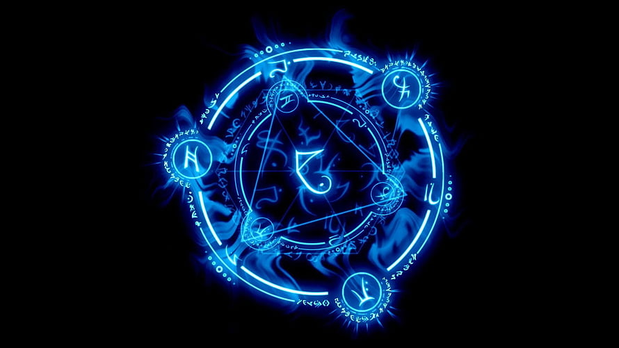 Glowing Blue Magic Circle with Mystical Runes and Arcane Symbols on Black Background HD wallpaper