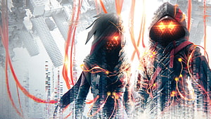 Scarlet Nexus Cyberpunk Hooded Figures with Glowing Eyes in Futuristic Cityscape HD wallpaper