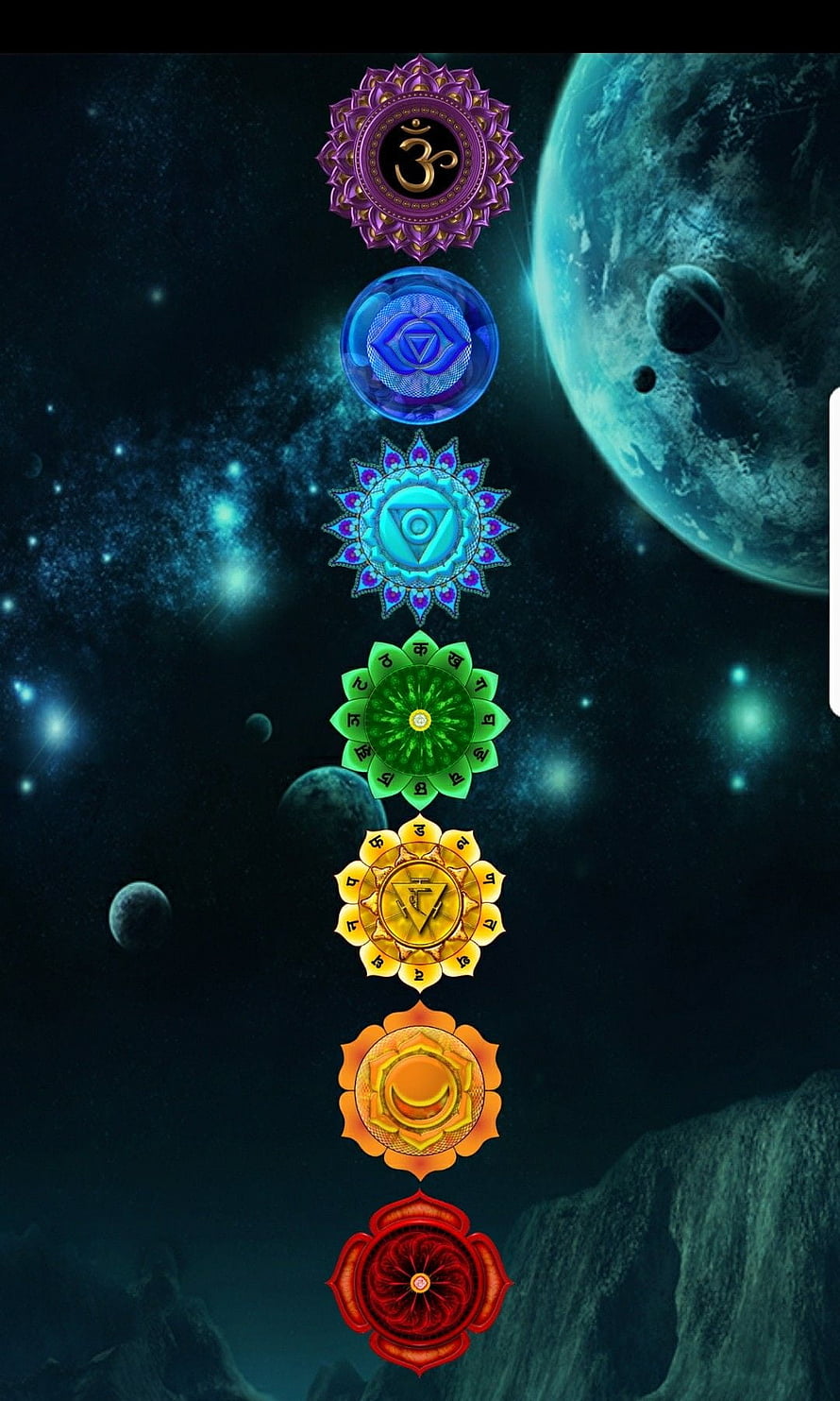 Seven Chakra Energy Centers Aligned Against Cosmic Space and Celestial Planets HD phone wallpaper