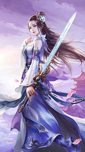 Elegant Chinese Fantasy Warrior Woman Wielding Glowing Blue Sword in Flowing Purple Robes HD phone wallpaper