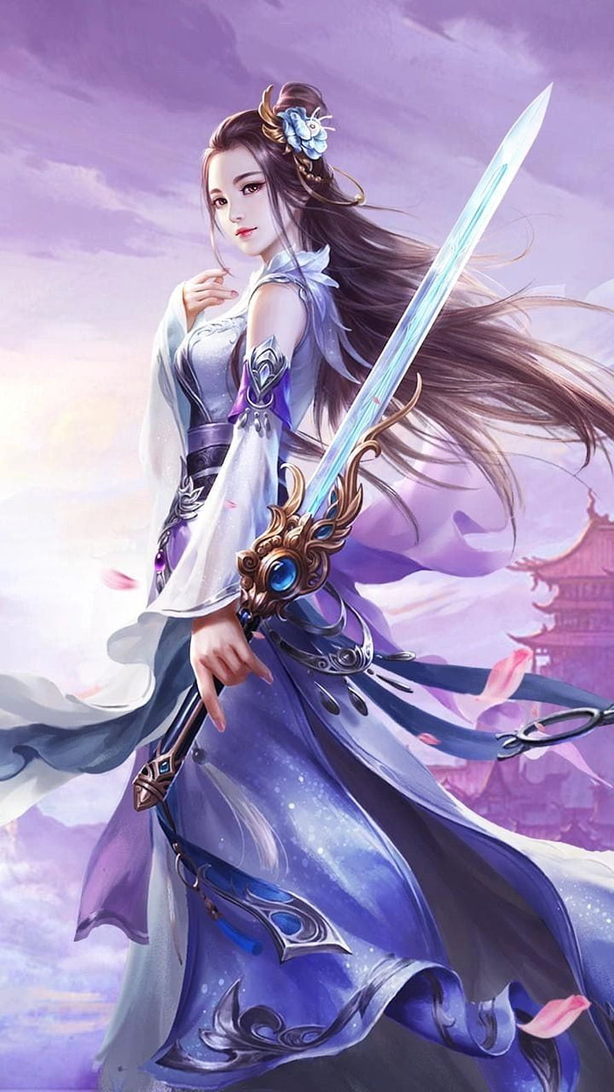 Elegant Chinese Fantasy Warrior Woman Wielding Glowing Blue Sword in Flowing Purple Robes HD phone wallpaper