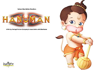 Cute Baby Hanuman Cartoon Character Holding Mace with Orange Dhoti and Gold Jewelry HD wallpaper