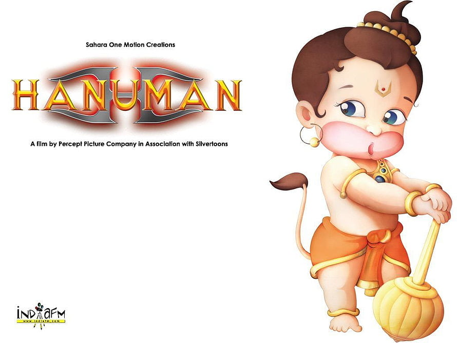 Cute Baby Hanuman Cartoon Character Holding Mace with Orange Dhoti and Gold Jewelry HD wallpaper