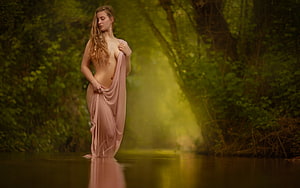 Ethereal Woman in Flowing Pink Drapery Standing in Misty Forest Water, Ethereal Beauty, etheral, art, graphy, , girl, beauty, woman, digital, fantasy, nature HD wallpaper