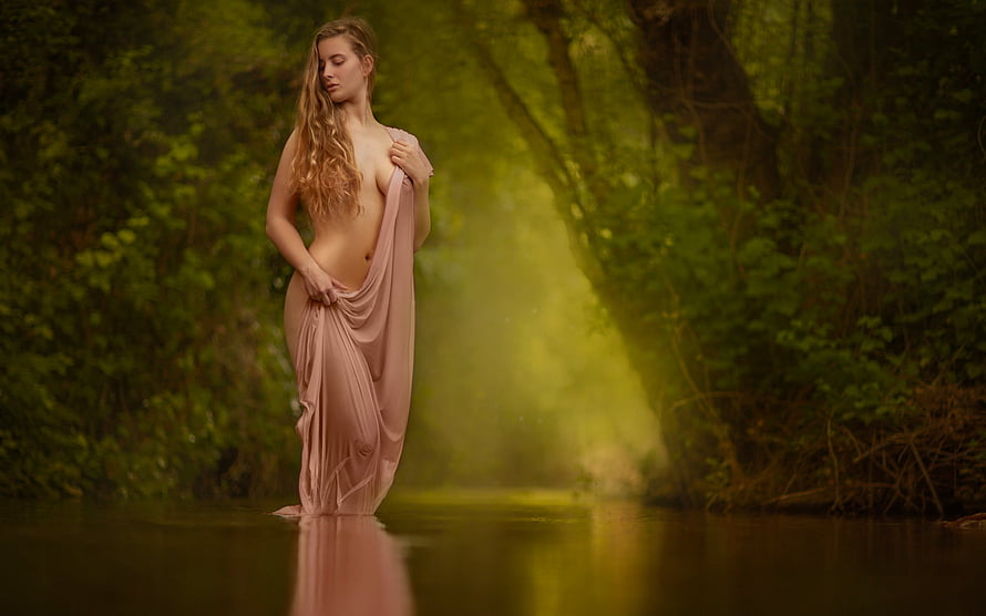 Ethereal Woman in Flowing Pink Drapery Standing in Misty Forest Water, Ethereal Beauty, etheral, art, graphy, , girl, beauty, woman, digital, fantasy, nature HD wallpaper