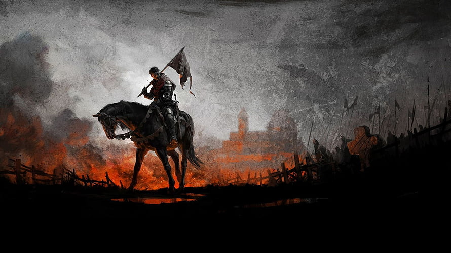 Kingdom Come Deliverance Knight on Horseback Amidst Burning Battlefield HD wallpaper