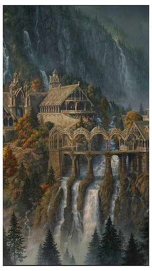 Rivendell Fantasy Landscape with Waterfalls and Gothic Architecture in Middle Earth HD phone wallpaper