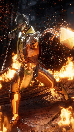 Scorpion from Mortal Kombat 11 in a fiery combat stance wielding his signature chain and spear HD phone wallpaper