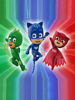 PJ Masks Team Catboy Owlette and Gekko Flying Through Vibrant Light Beams HD phone wallpaper