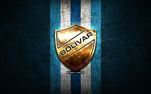 Club Bolivar Golden Shield Emblem on Textured Blue and White Striped Background HD wallpaper
