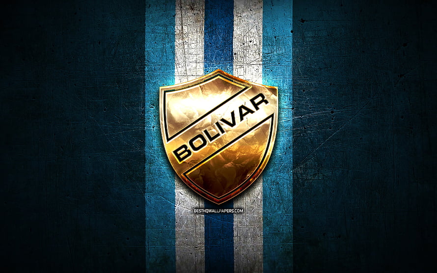 Club Bolivar Golden Shield Emblem on Textured Blue and White Striped Background HD wallpaper