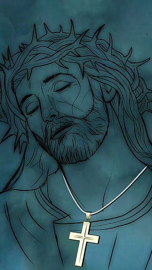 Jesus Christ Wearing Crown of Thorns and Gold Cross Necklace in Dark Blue Illustration HD phone wallpaper