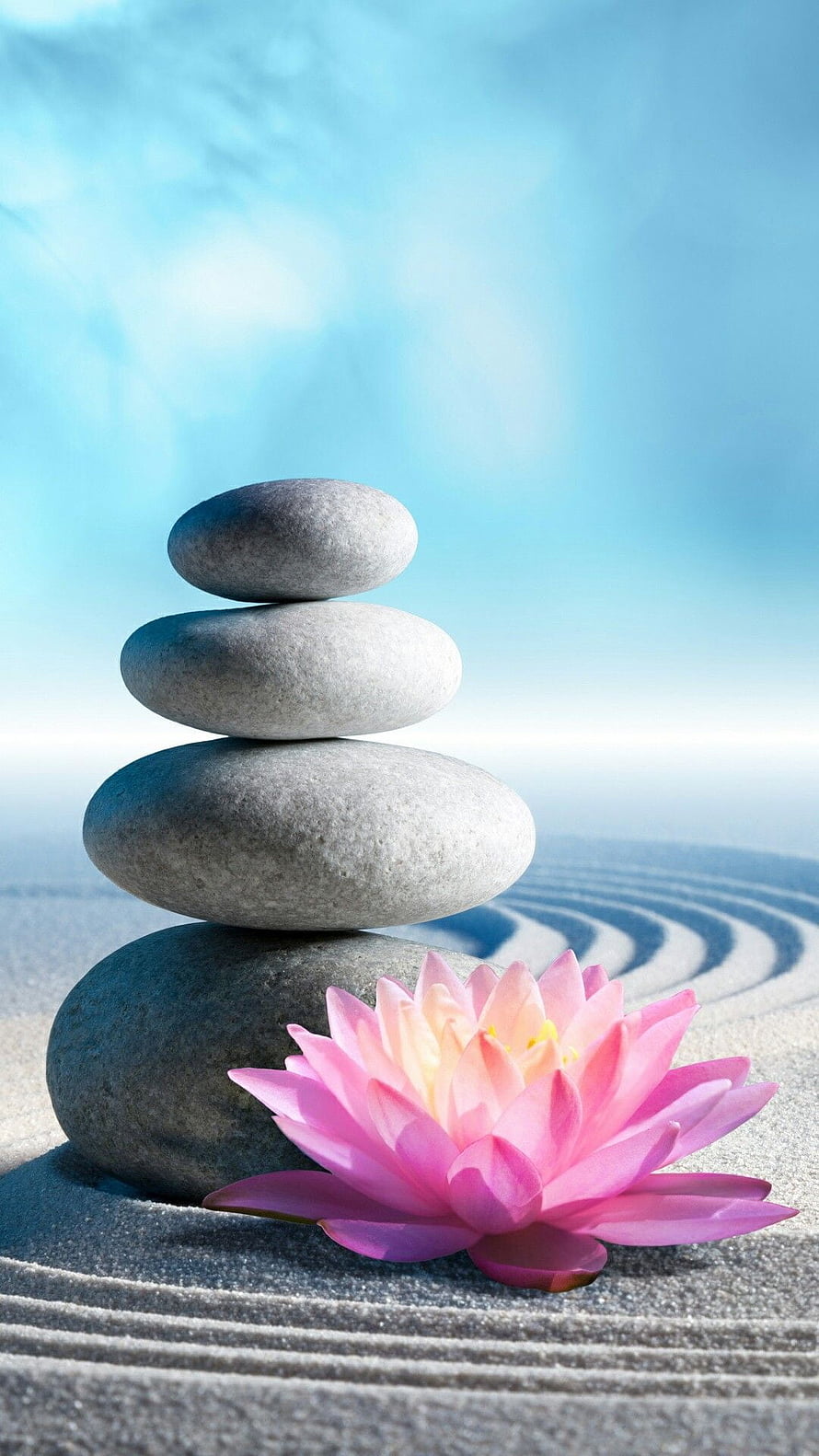Stacked Zen Stones and Pink Lotus in a Serene Japanese Garden HD phone wallpaper