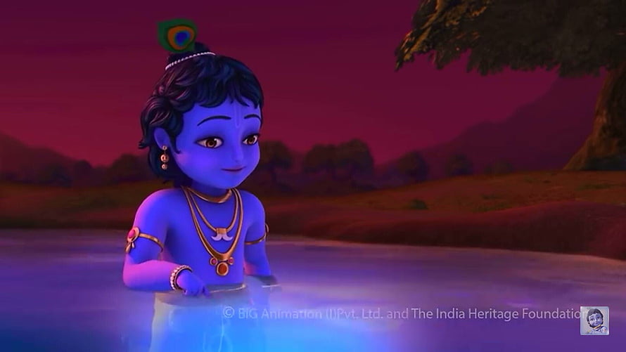 Little Krishna Cartoon Character in Water with Peacock Feather Crown and Gold Jewelry HD wallpaper