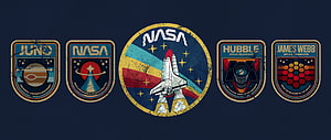 NASA Mission Patches Collection Featuring Juno, Hubble, and James Webb Space Telescopes HD wallpaper