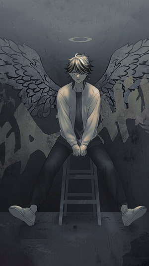 Kazutora Hanemiya from Tokyo Revengers Sitting on a Stool with Angel Wings HD phone wallpaper