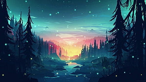 Enchanted Forest Landscape with Glowing Fireflies and Sunset River HD wallpaper